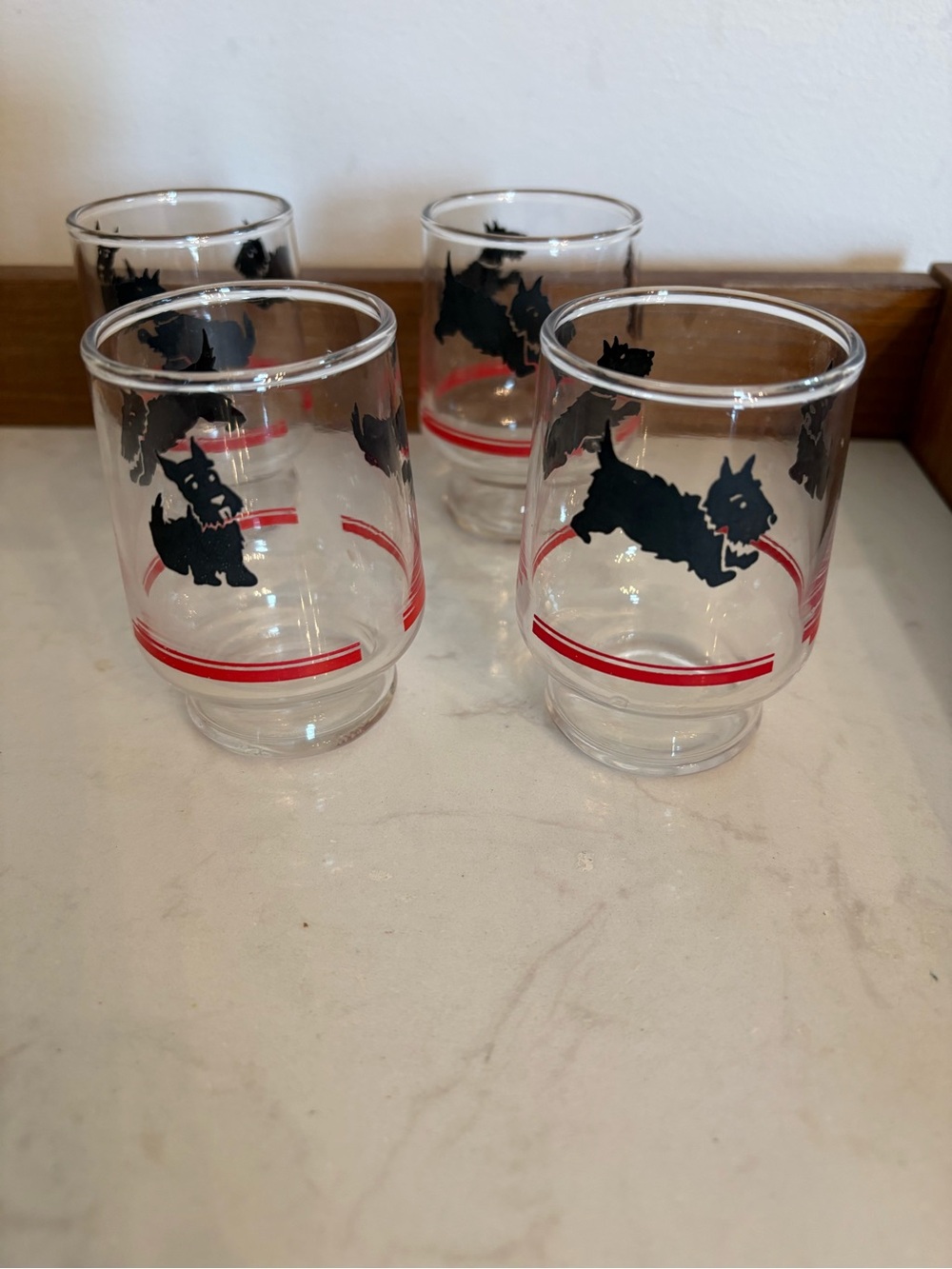 Set of 4 Vintage Black Scottie Dog Juice Glasses with Red Accent